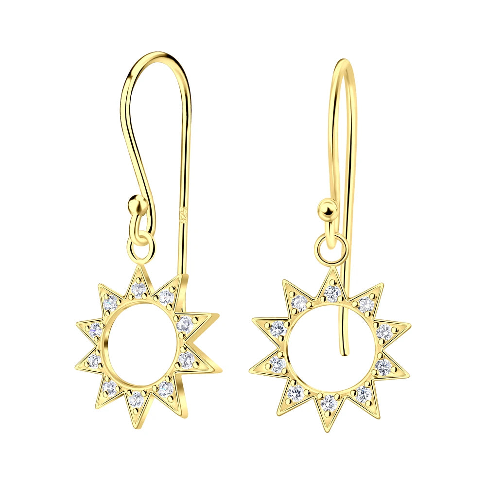 Gold Plated Sterling Silver Sun Dangle Earrings CZ Stone - The Aurelia