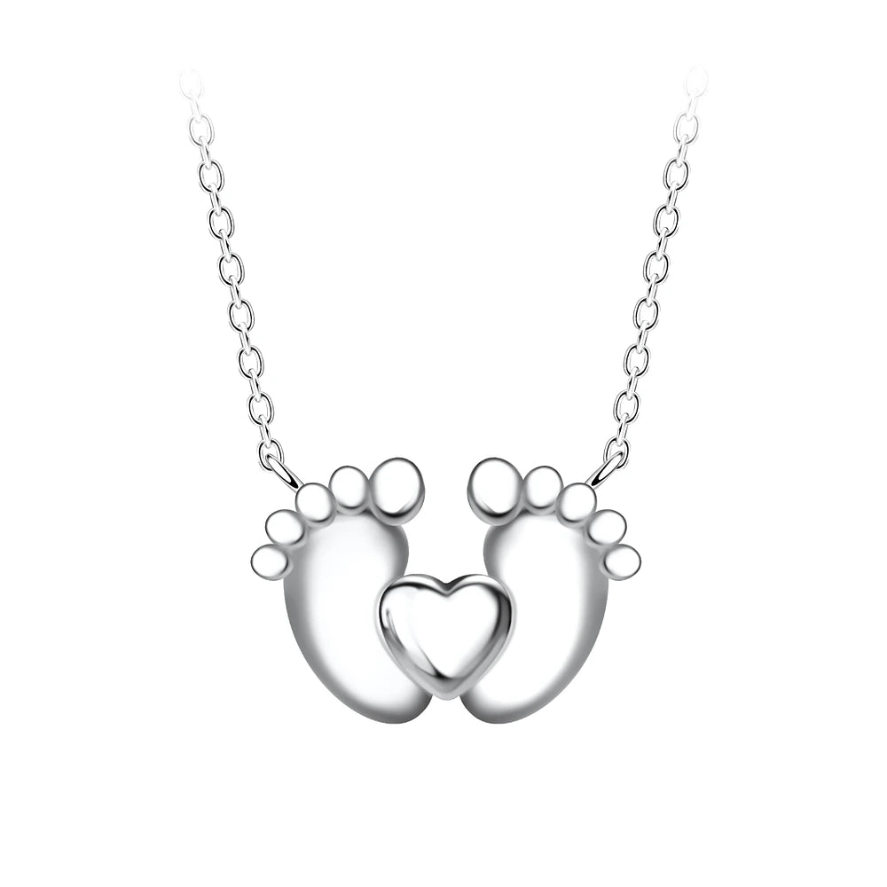 Sterling Silver Heart Foot Print Necklace - The Mama