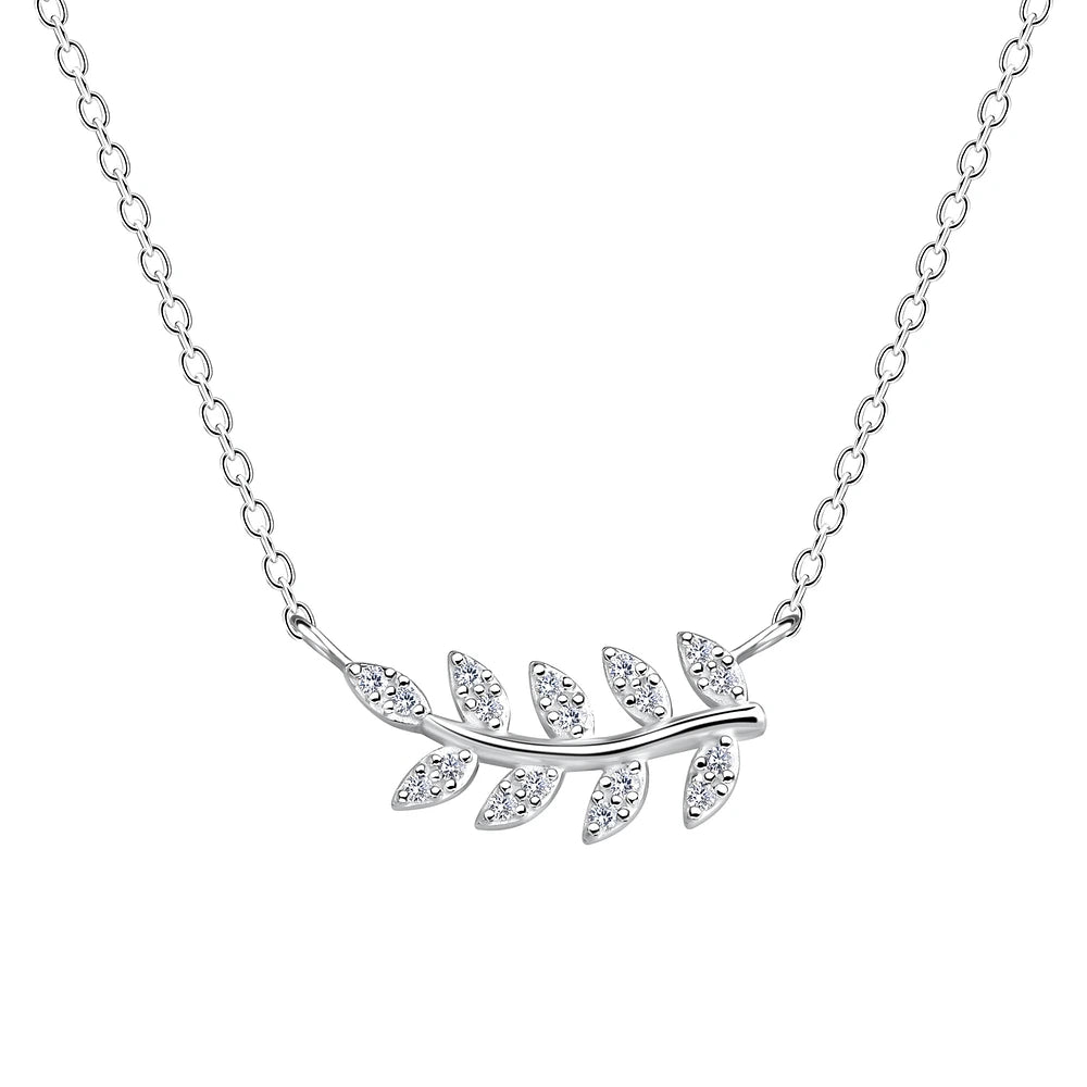 Sterling Silver Olive Leaf Necklace CZ Stone - The Olive