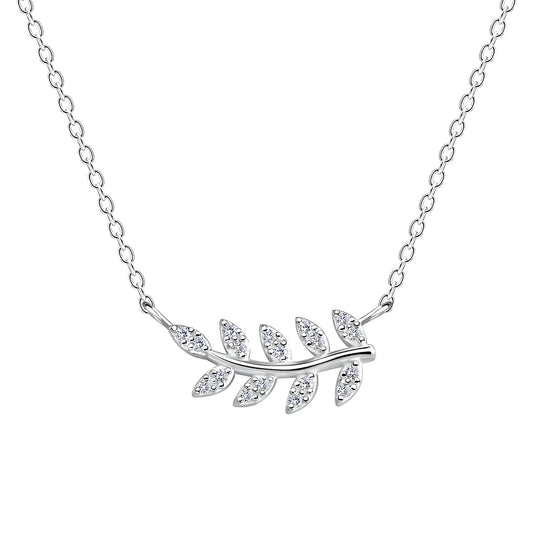 Sterling Silver Olive Leaf Necklace CZ Stone - The Olive