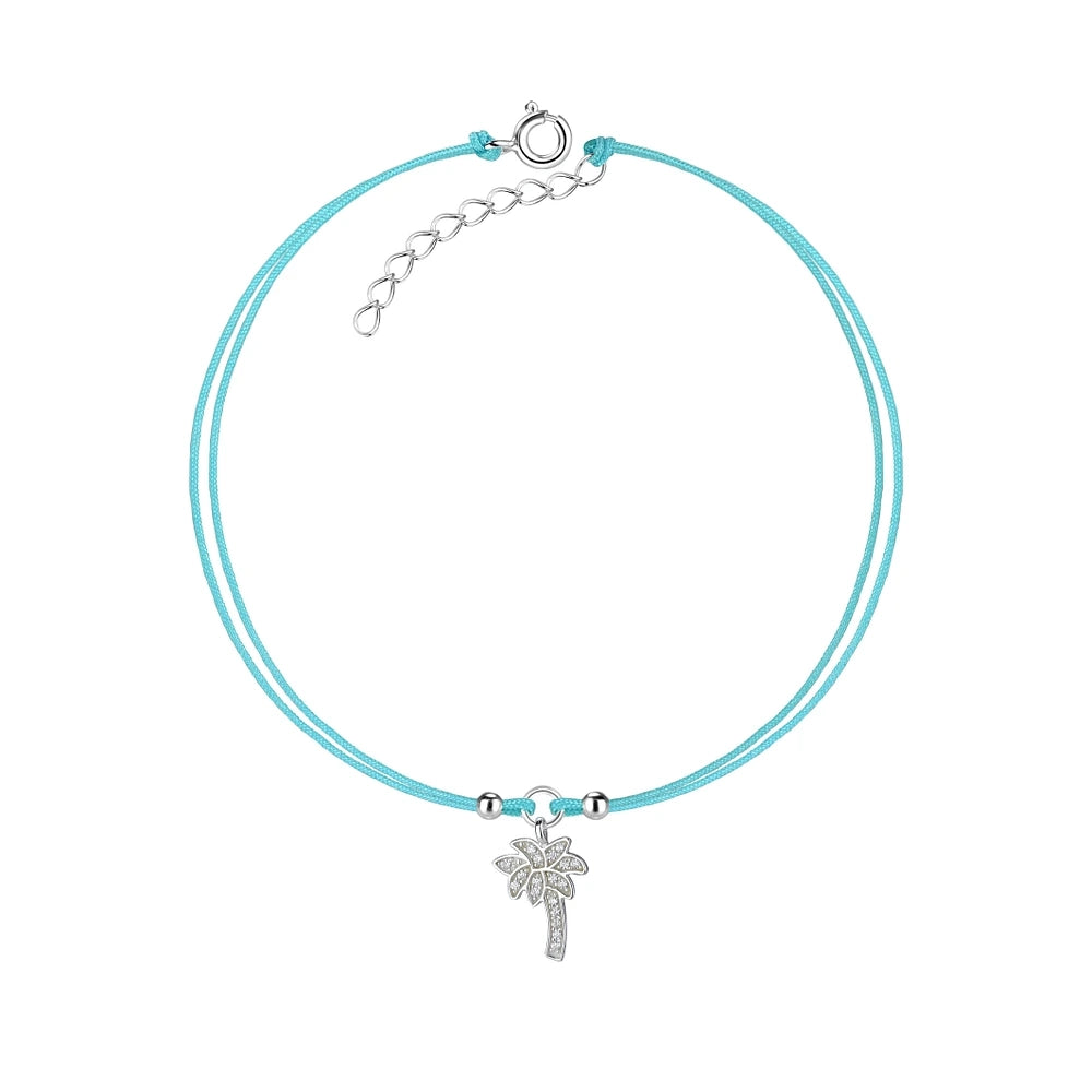 Sterling Silver Palm Tree Cord Anklet CZ Stone - The Millie