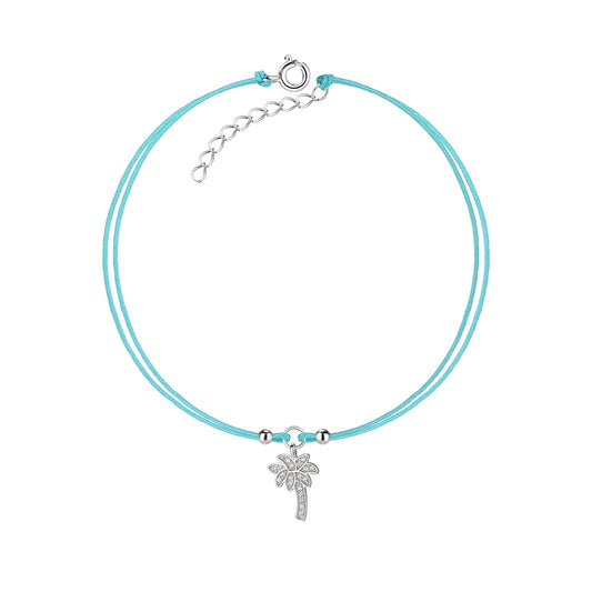 Sterling Silver Palm Tree Cord Anklet CZ Stone - The Millie