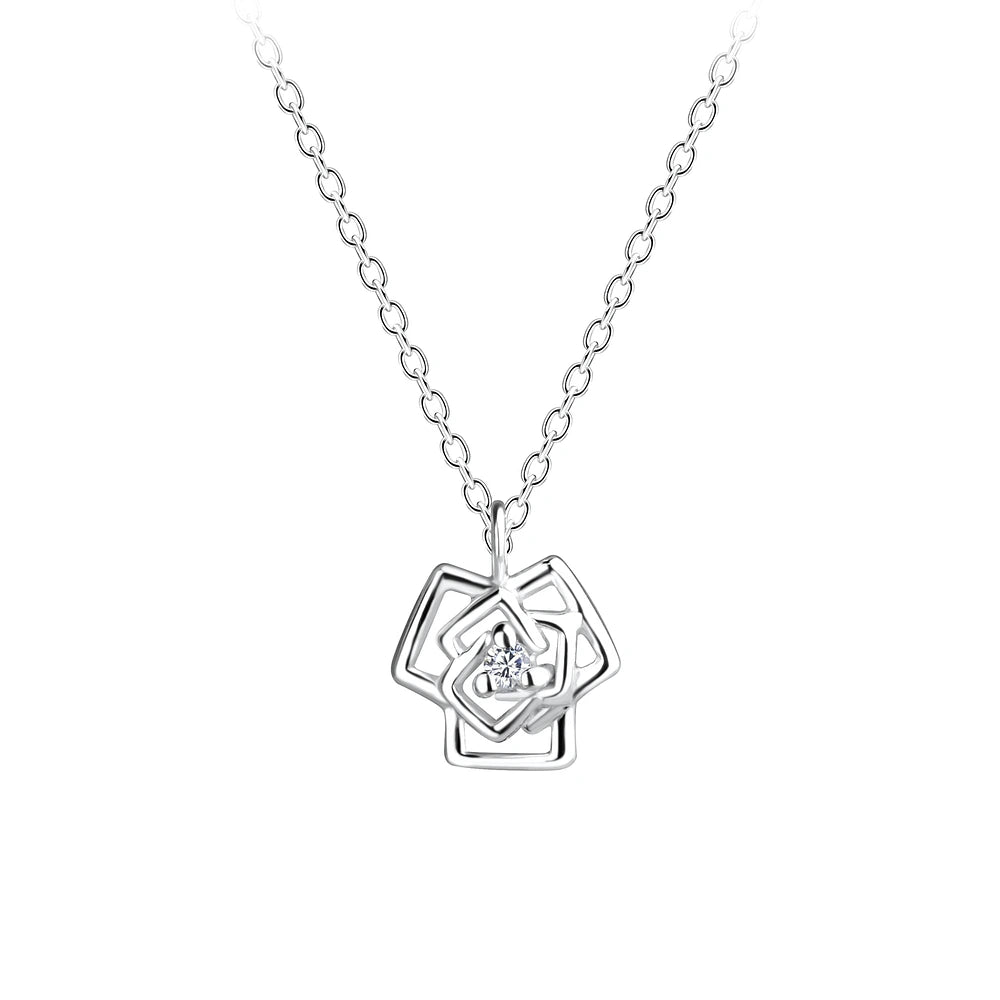 Sterling Silver Rose Flower Necklace CZ Stone - The Rosaline