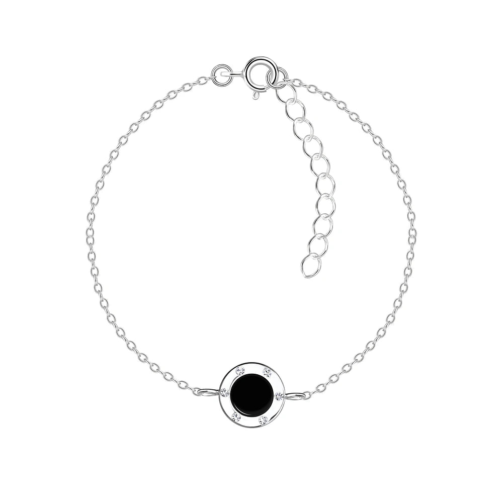 Sterling Silver Round Bracelet CZ Stone Black Enamel - The Sophia