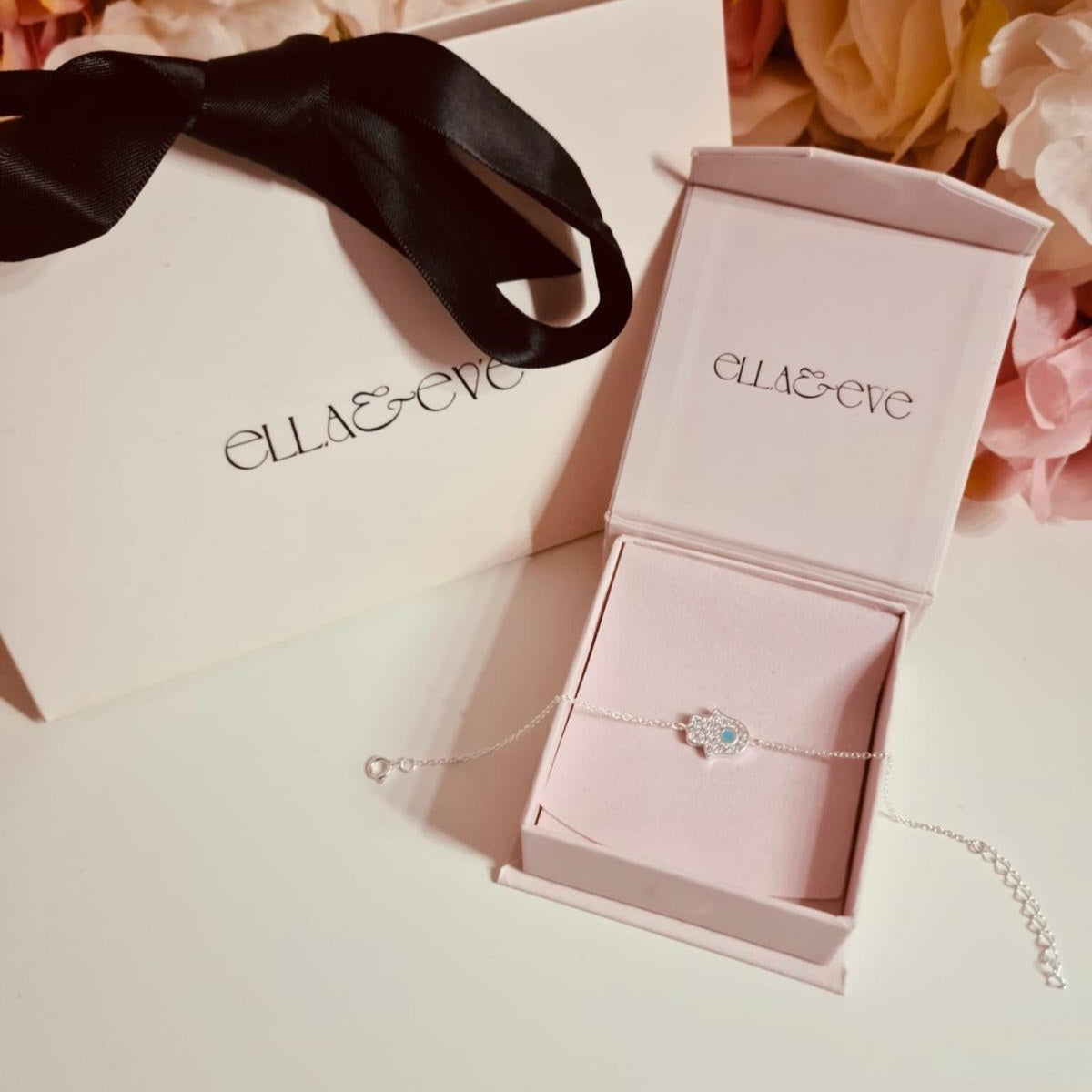 Sterling Silver Hamsa Bracelet CZ Stone Turquoise Enamel - The Ophelia