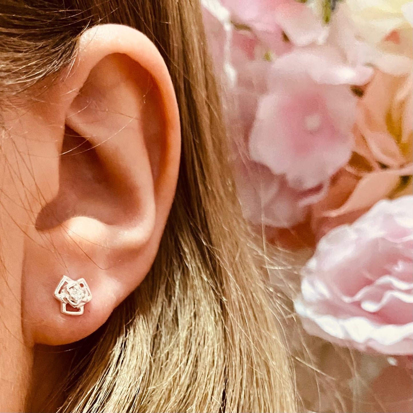 Sterling Silver Rose Flower Stud Earrings CZ Stone - The Rosaline