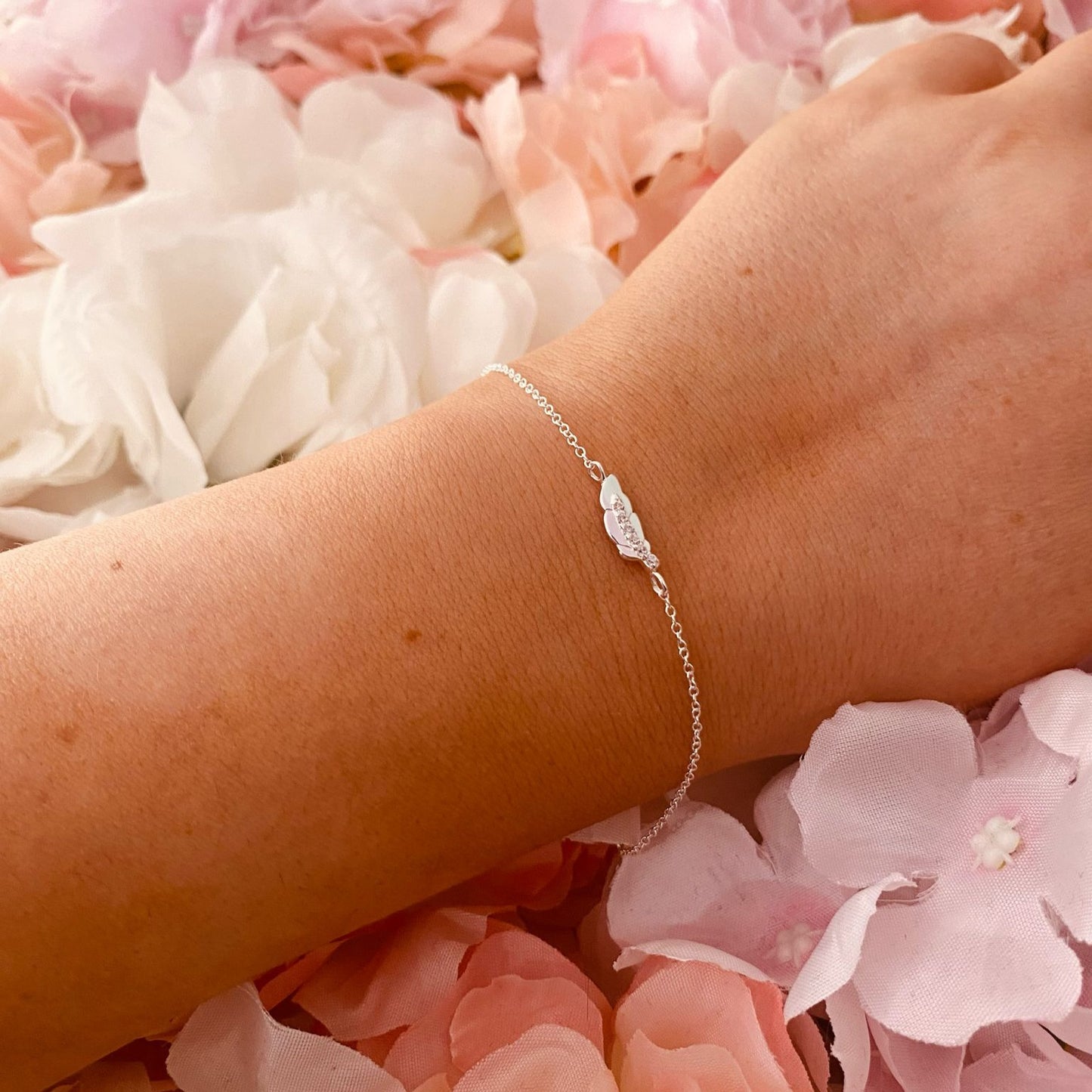 Sterling Silver Feather Bracelet CZ Stone - The Eleanor