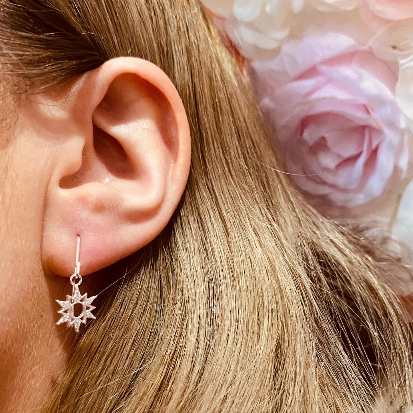 Sterling Silver Sun Dangle Earrings CZ Stone - The Aurora