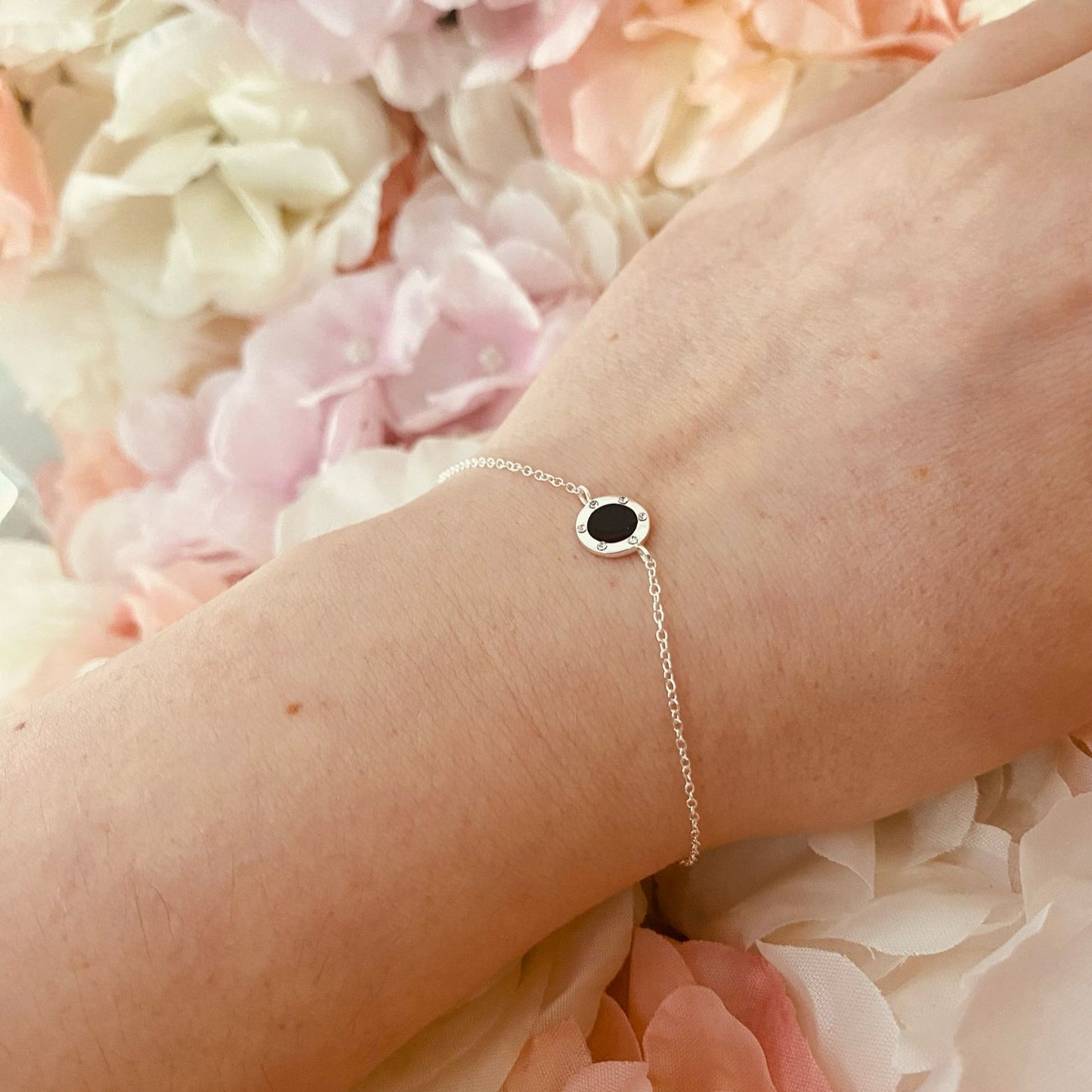 Sterling Silver Round Bracelet CZ Stone Black Enamel - The Sophia