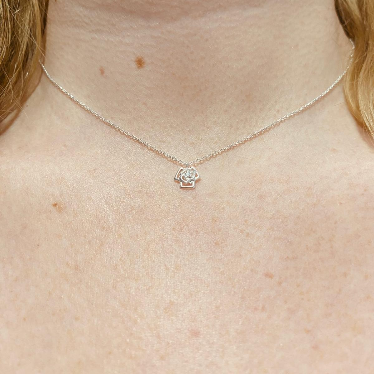 Sterling Silver Rose Flower Necklace CZ Stone - The Rosaline