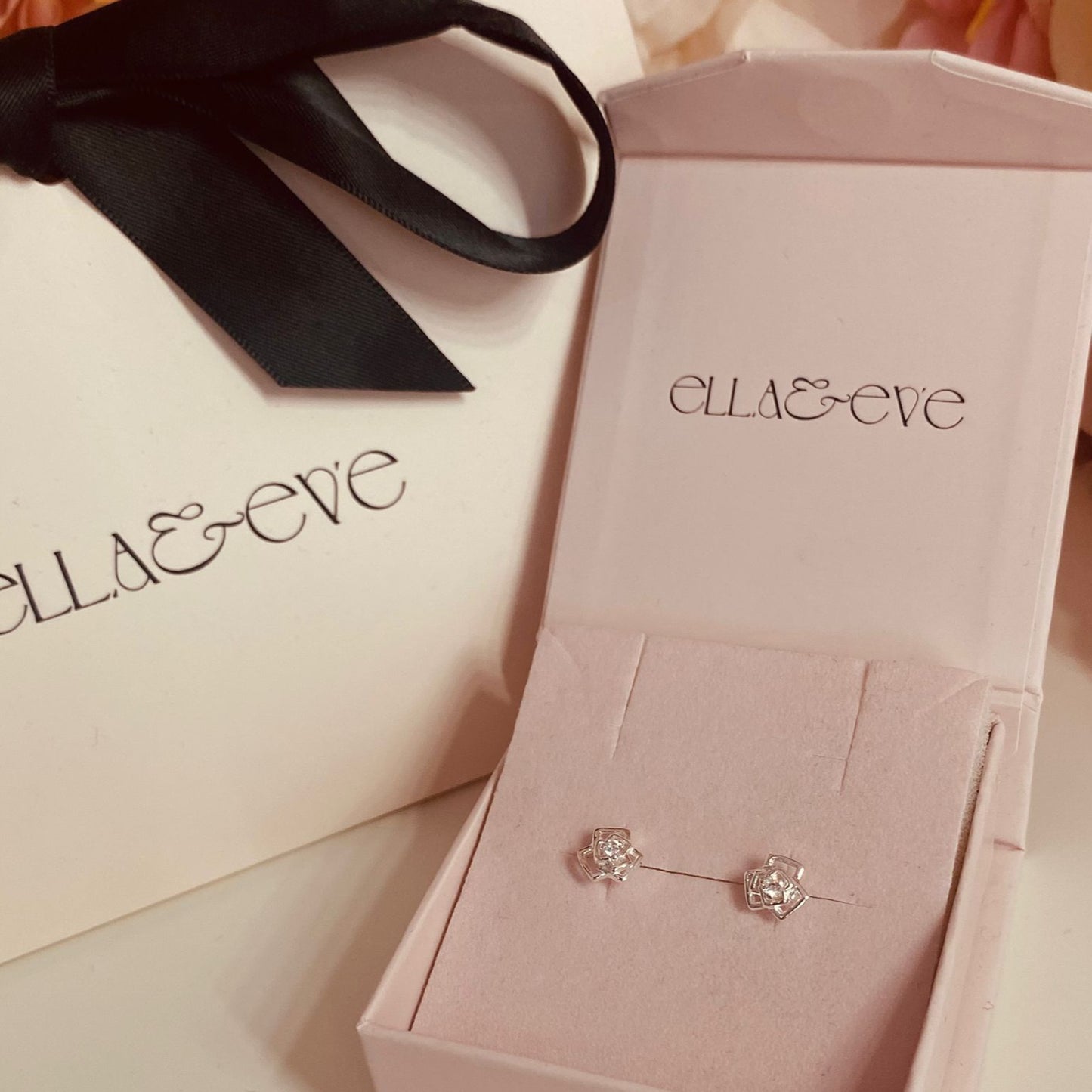 Sterling Silver Rose Flower Stud Earrings CZ Stone - The Rosaline