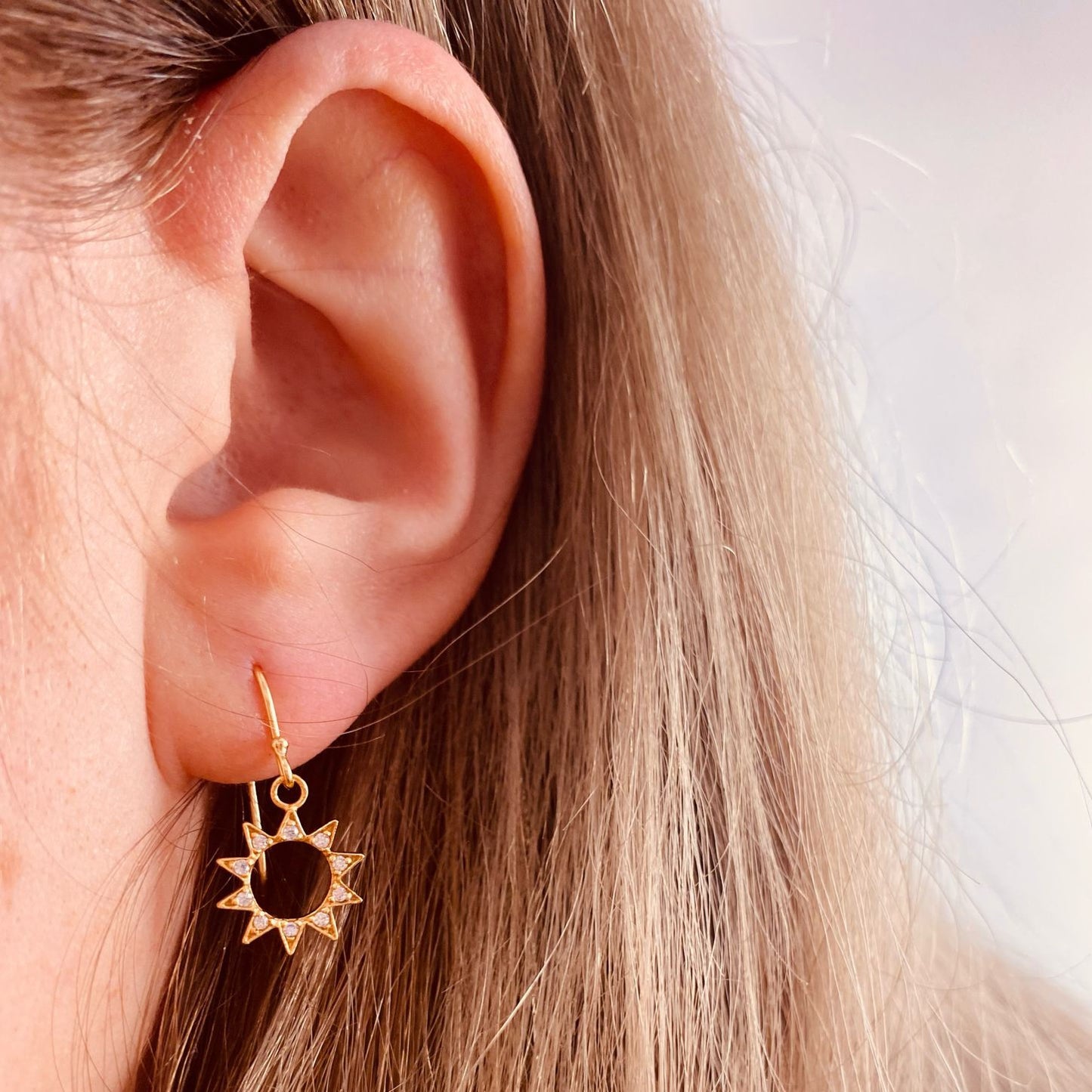 Gold Plated Sterling Silver Sun Dangle Earrings CZ Stone - The Aurelia