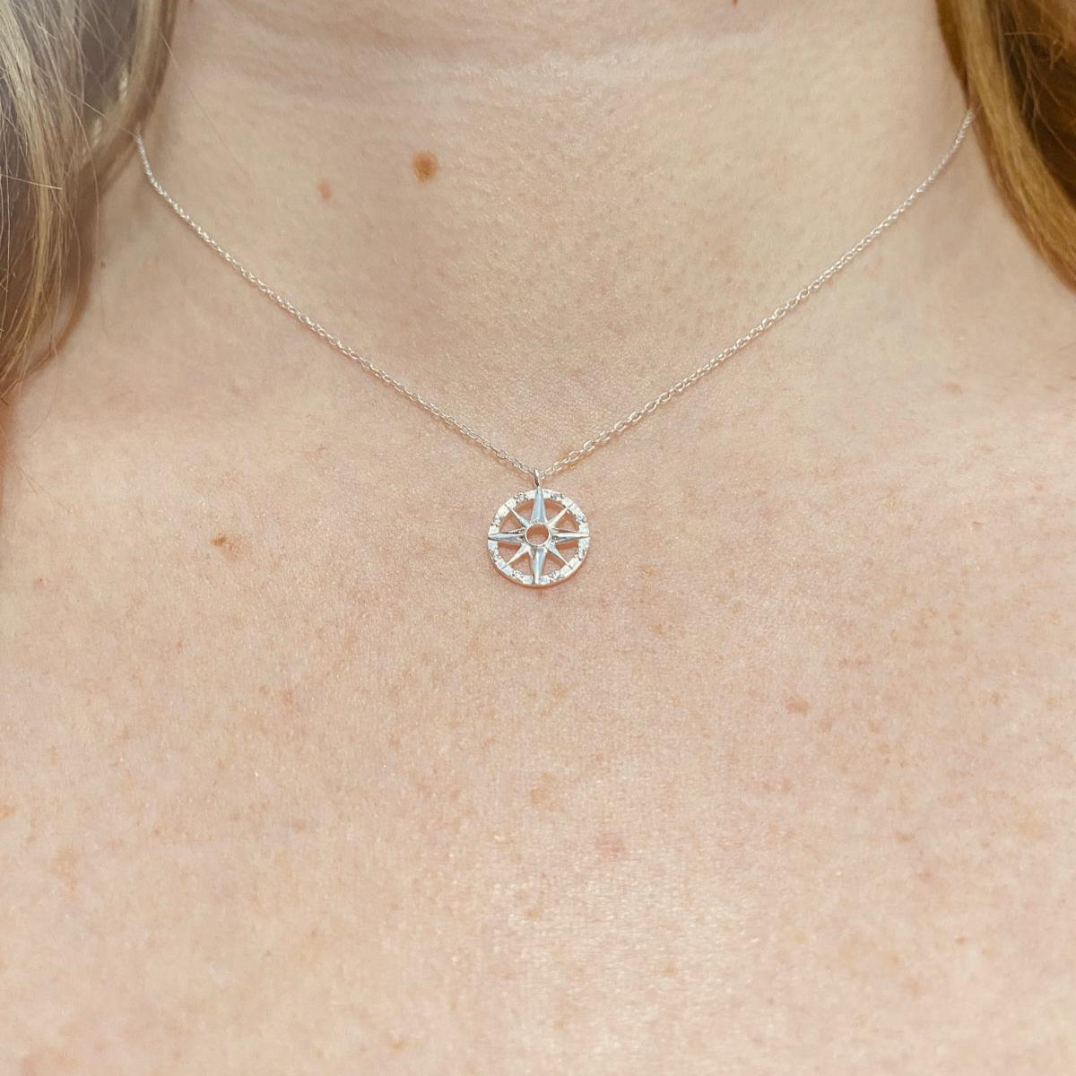 Sterling Silver Compass Necklace CZ Stone - The Ulyssa