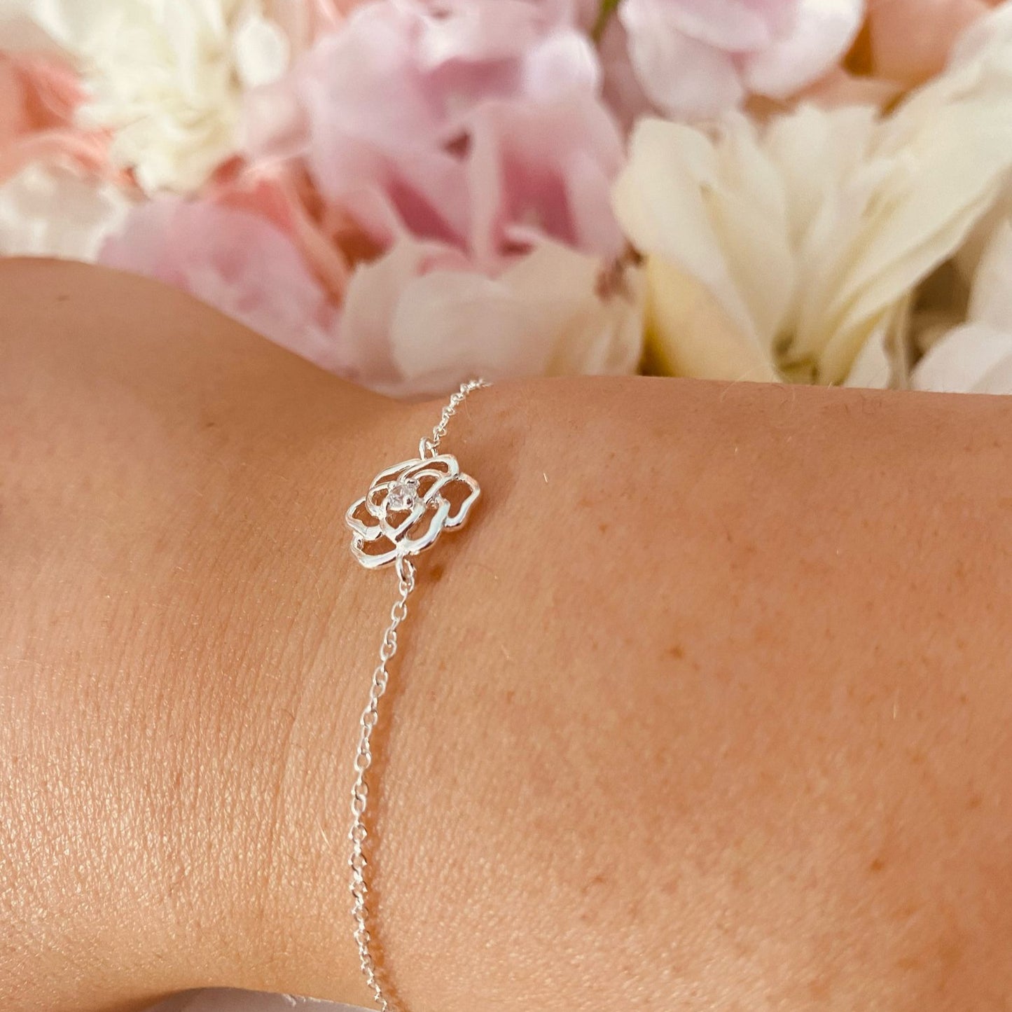 Sterling Silver Rose Bracelet CZ Stone - The Primrose