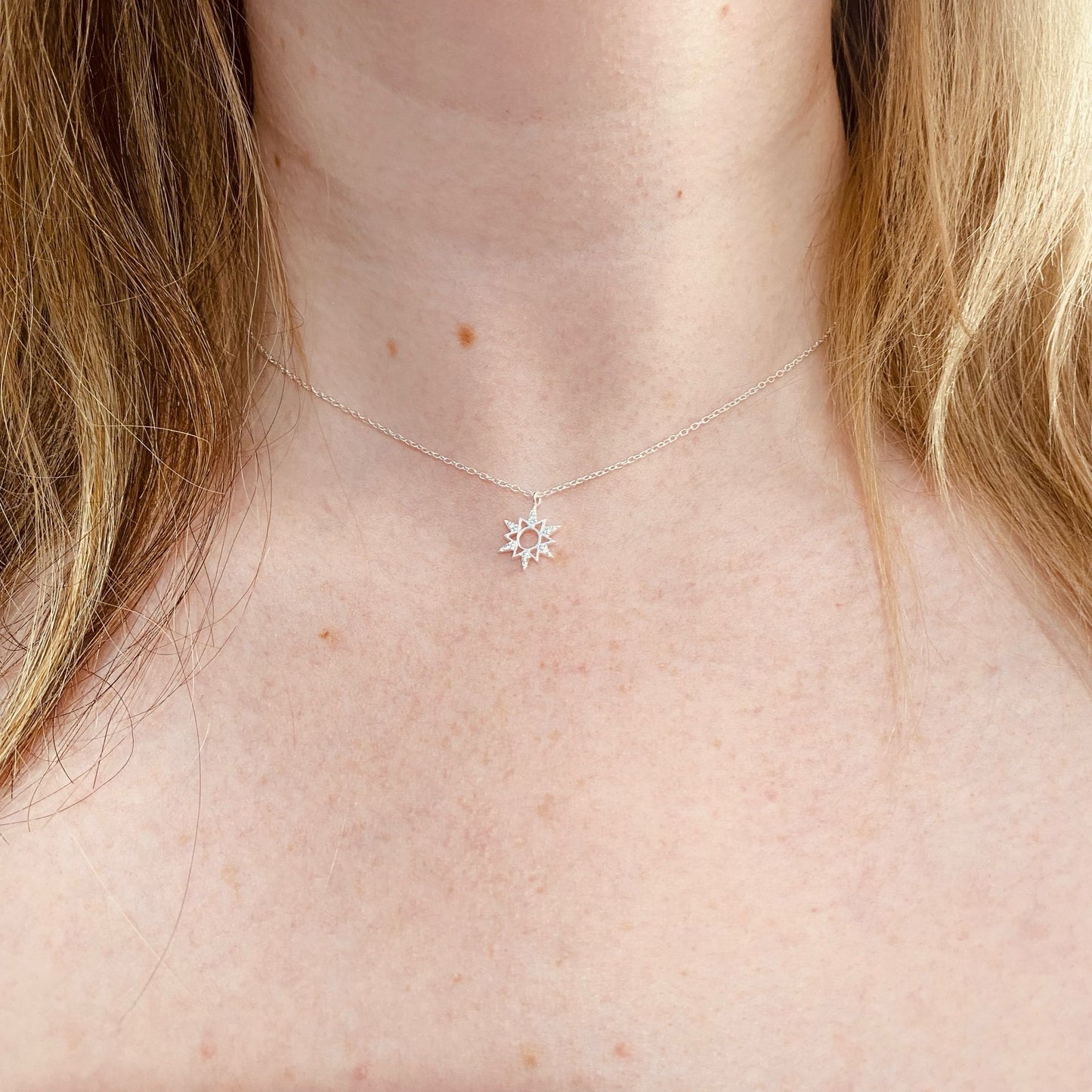 Sterling Silver Sun Necklace CZ Stone - The Aurora