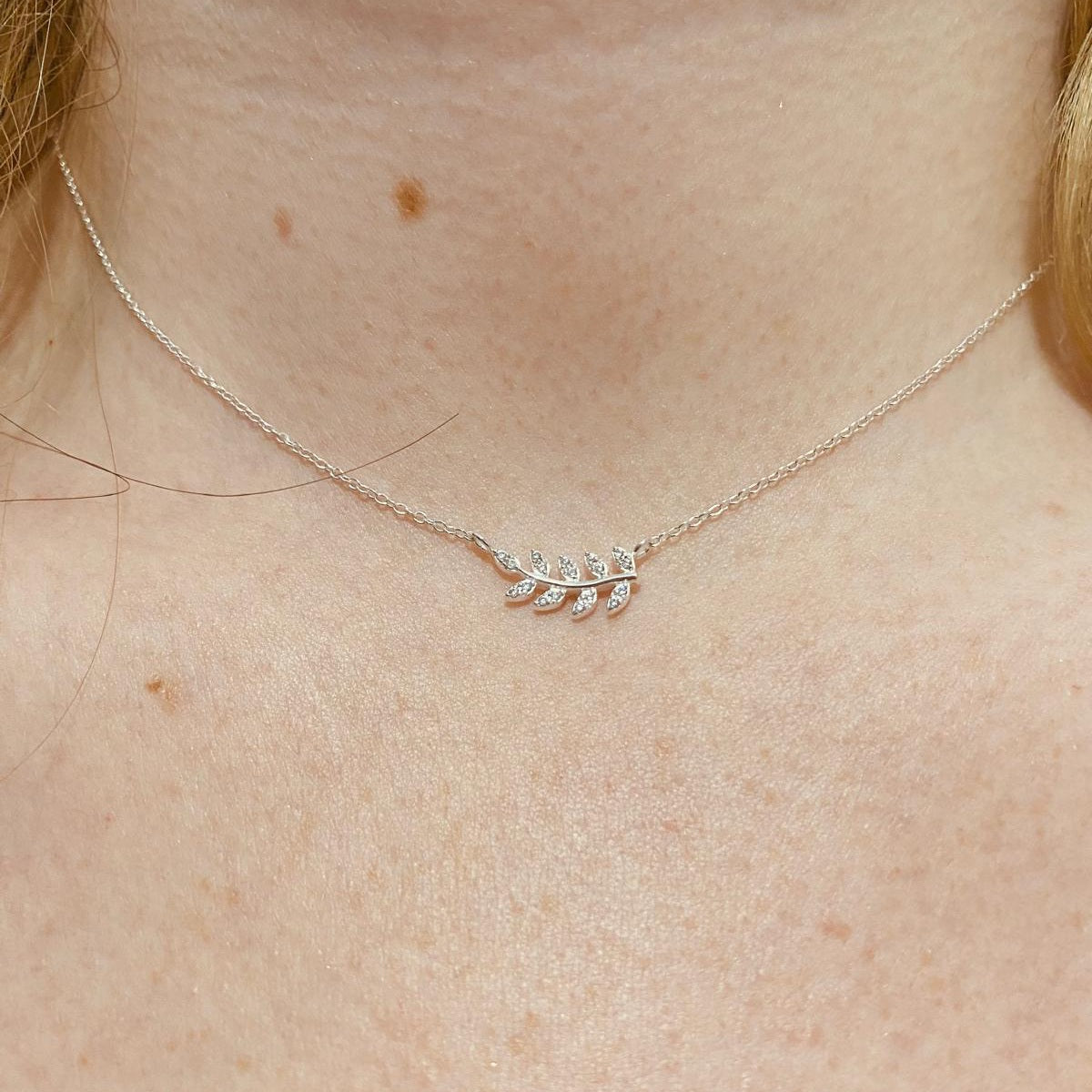 Sterling Silver Olive Leaf Necklace CZ Stone - The Olive