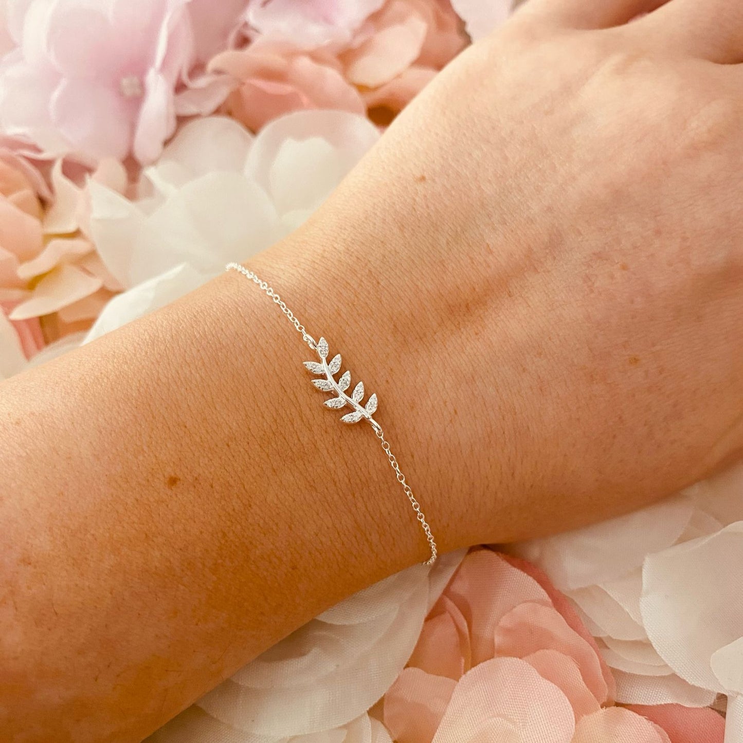 Sterling Silver Olive Leaf Bracelet CZ Stone - The Olive