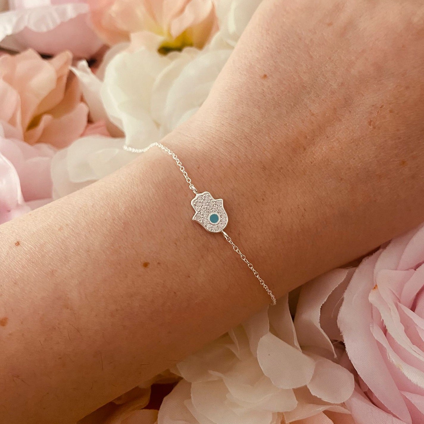 Sterling Silver Hamsa Bracelet CZ Stone Turquoise Enamel - The Ophelia